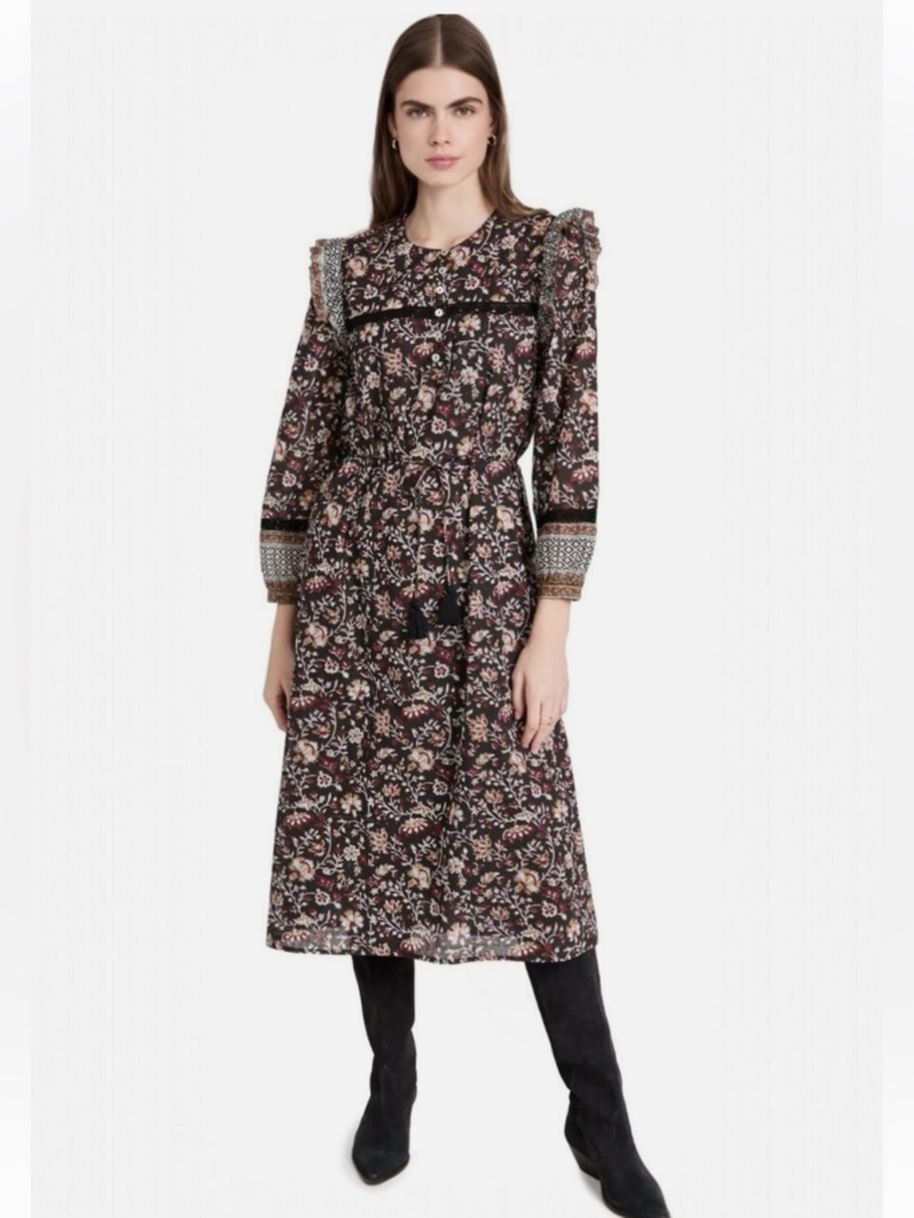 Cleobella Lotus Midi Dress Lolita Block Print Long Sleeve Organic Cotton Lined - Picture 2 of 14